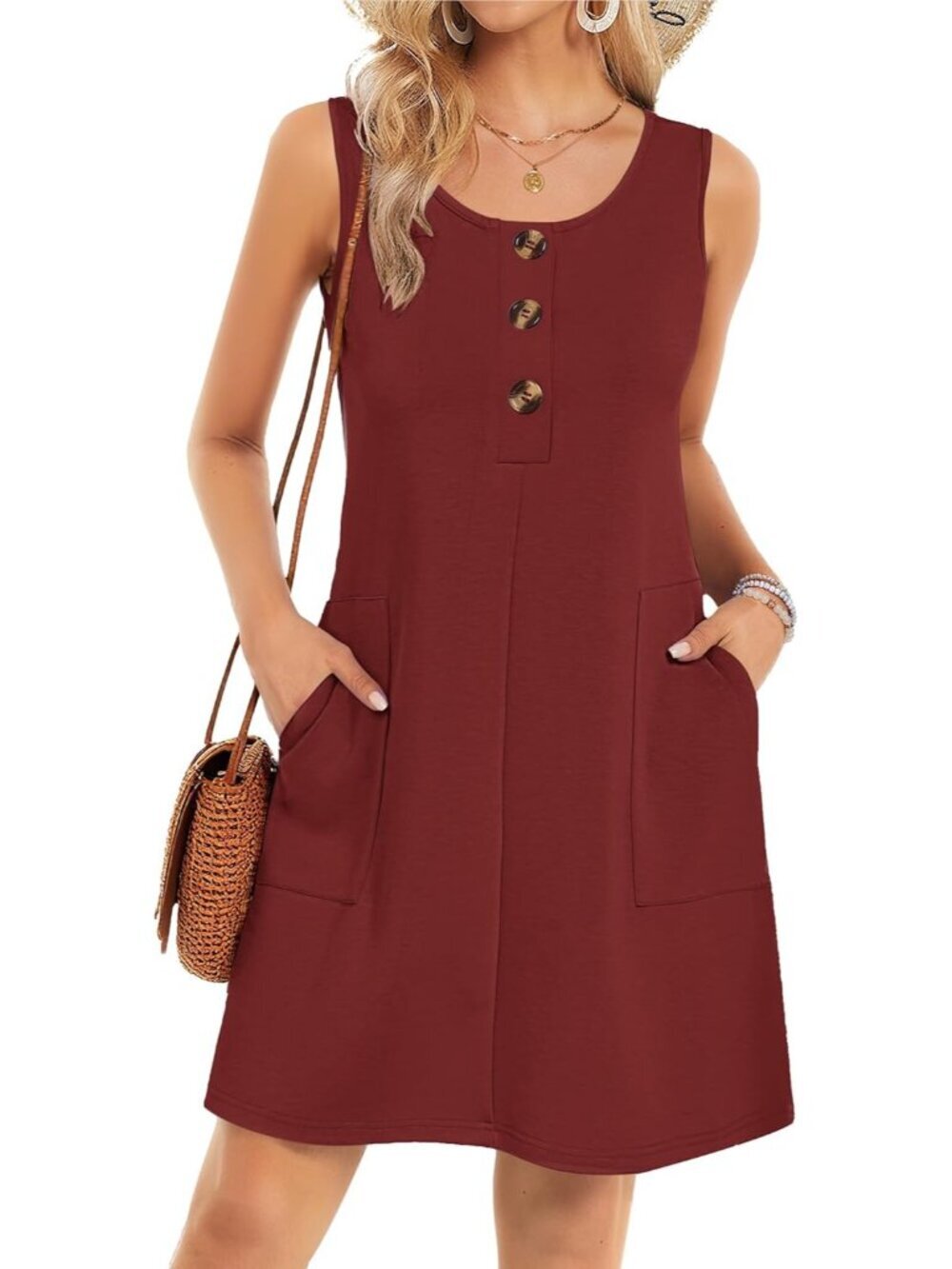 Women's Red Summer Dress Sleeveless Casual Crewneck Beach Cover Up Mini Dress